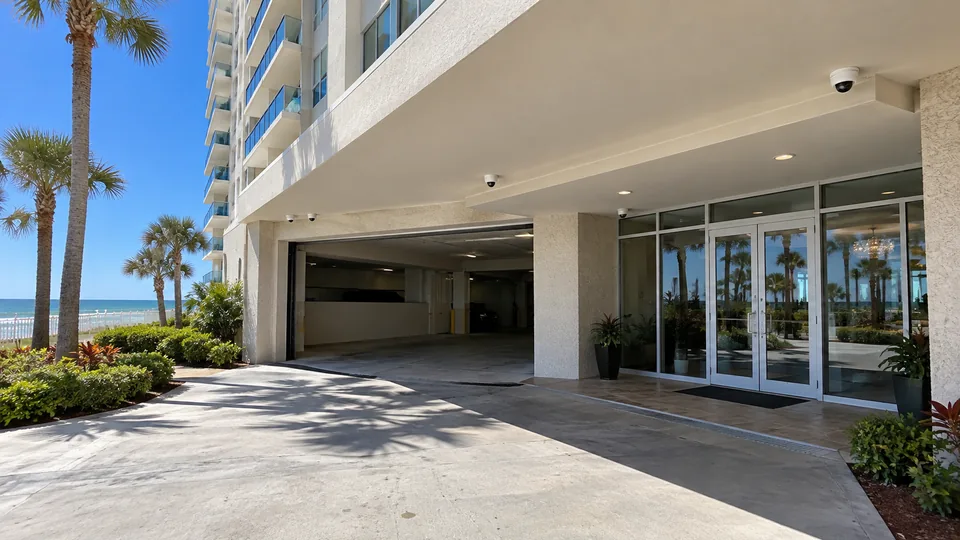 Coastal condominium garage entrance and lobby doors with dome cameras mounted flush under the canopy near Ponce Inlet
