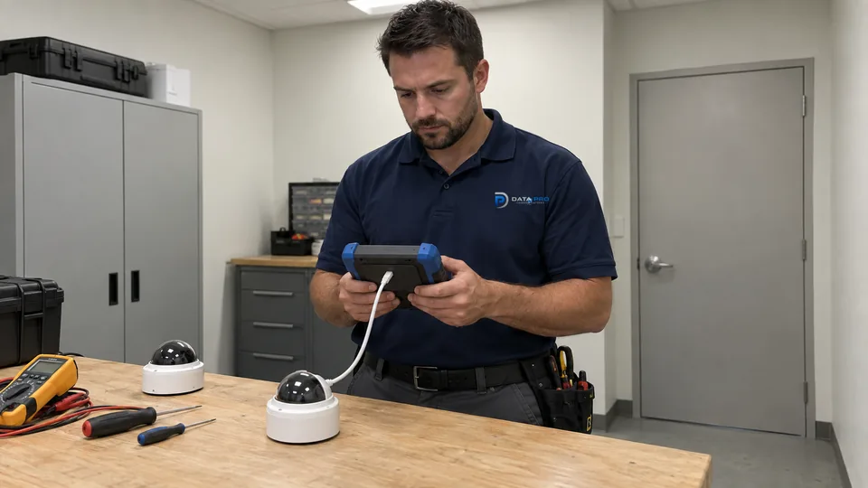 Data Pro technician testing an IP dome camera with a handheld tester at a service bench in a closed technical room