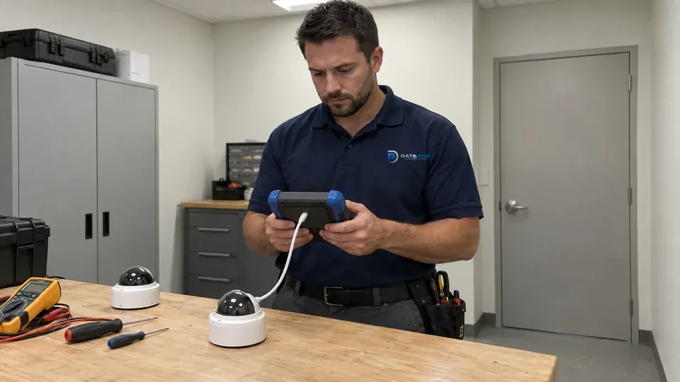 Data Pro technician testing an IP dome camera with a handheld tester at a service bench in a closed technical room
