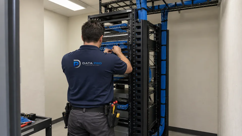 Data Pro technician dressing patch cords on a deep two-post rack fed by an overhead ladder tray in a closed hotel telecom room