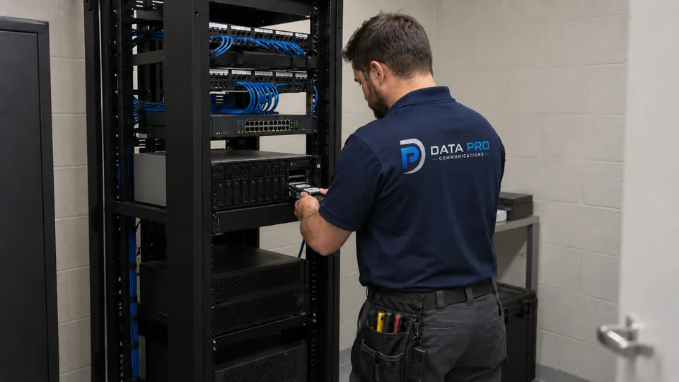 Data Pro technician sliding a hard-drive tray into a rack-mounted network video recorder inside a closed hotel equipment room