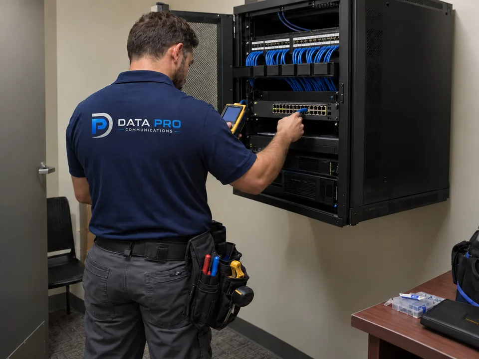 Data Pro technician checking a handheld PoE tester while plugging into a switch port in a hotel IDF rack